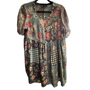 Karen Kane M colorblock blue floral print short sleeve cottagecore tunic dress